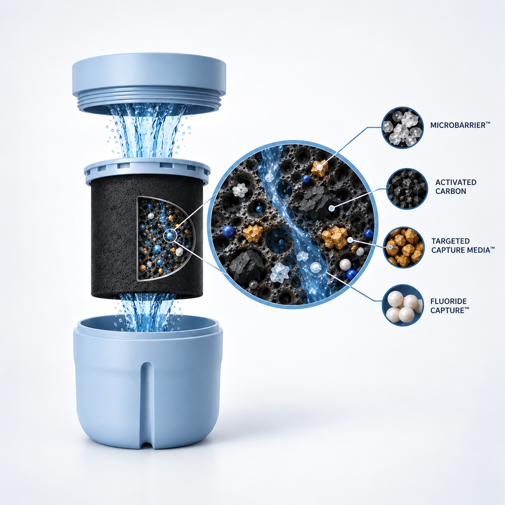 Multi-Capture™ Carbon Matrix cutaway — MicroBarrier, activated carbon, Targeted Capture and Fluoride Capture media
